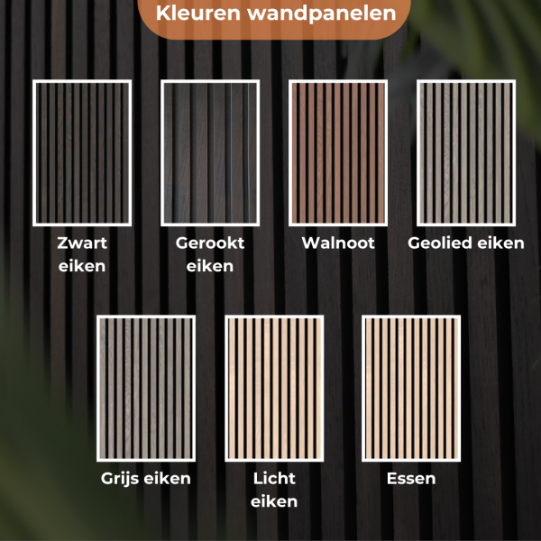 Dit is een foto van de verschillende kleuren akoestische wandpanelen die je kunt kopen bij Vloerenvoordeelwinkel